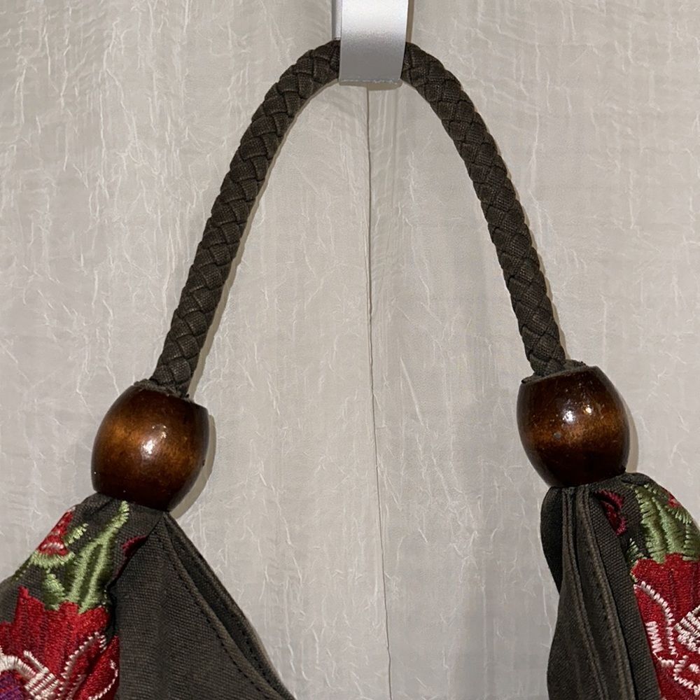 ASOS Forever New Camo Green Canvas Red Burgundy Pink Floral Embroidered Hobo Bag - Picture 6 of 12